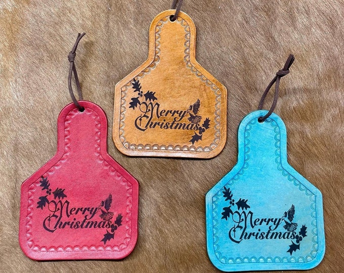 Handcrafted Laser Engraved Top Grain Leather Ear Tag Christmas Ornament