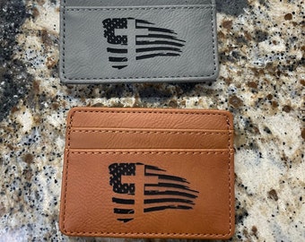 Minimalist Wallet Laser Engraved with a Cross and American Flag Design