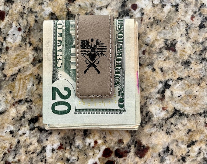 Laser Engraved American Flag, Buck and Guns Magnetic Money Clip