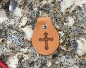 Laser Engraved Ornate Cross Leather Keychain