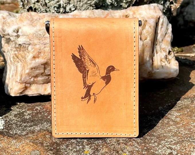Handcrafted Laser Engraved Duck in Flight All Leather Money Clip Wallet Credit Card Holder