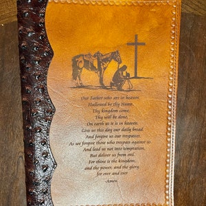 Handcrafted Laser Engraved Praying Cowboy All Leather Bible Cover With Ostrich Bind
