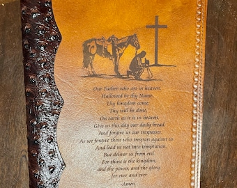 Handcrafted Laser Engraved Praying Cowboy All Leather Bible Cover With Ostrich Bind