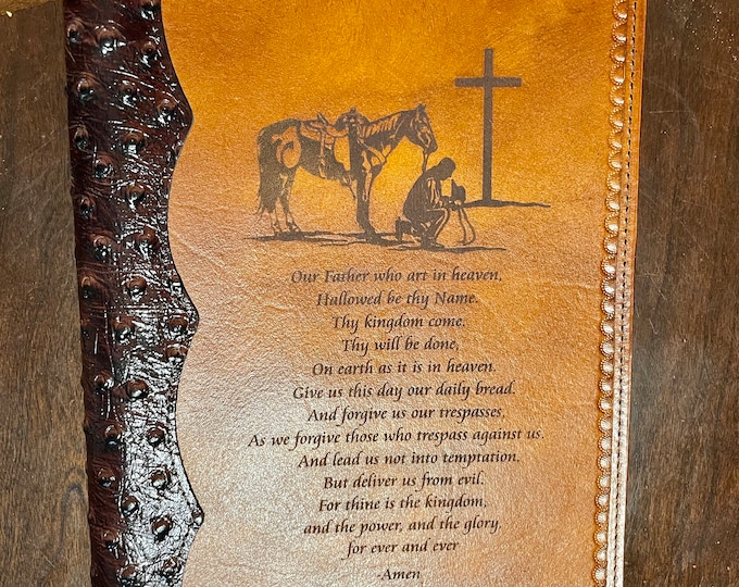 Handcrafted Laser Engraved Praying Cowboy All Leather Bible Cover With Ostrich Bind