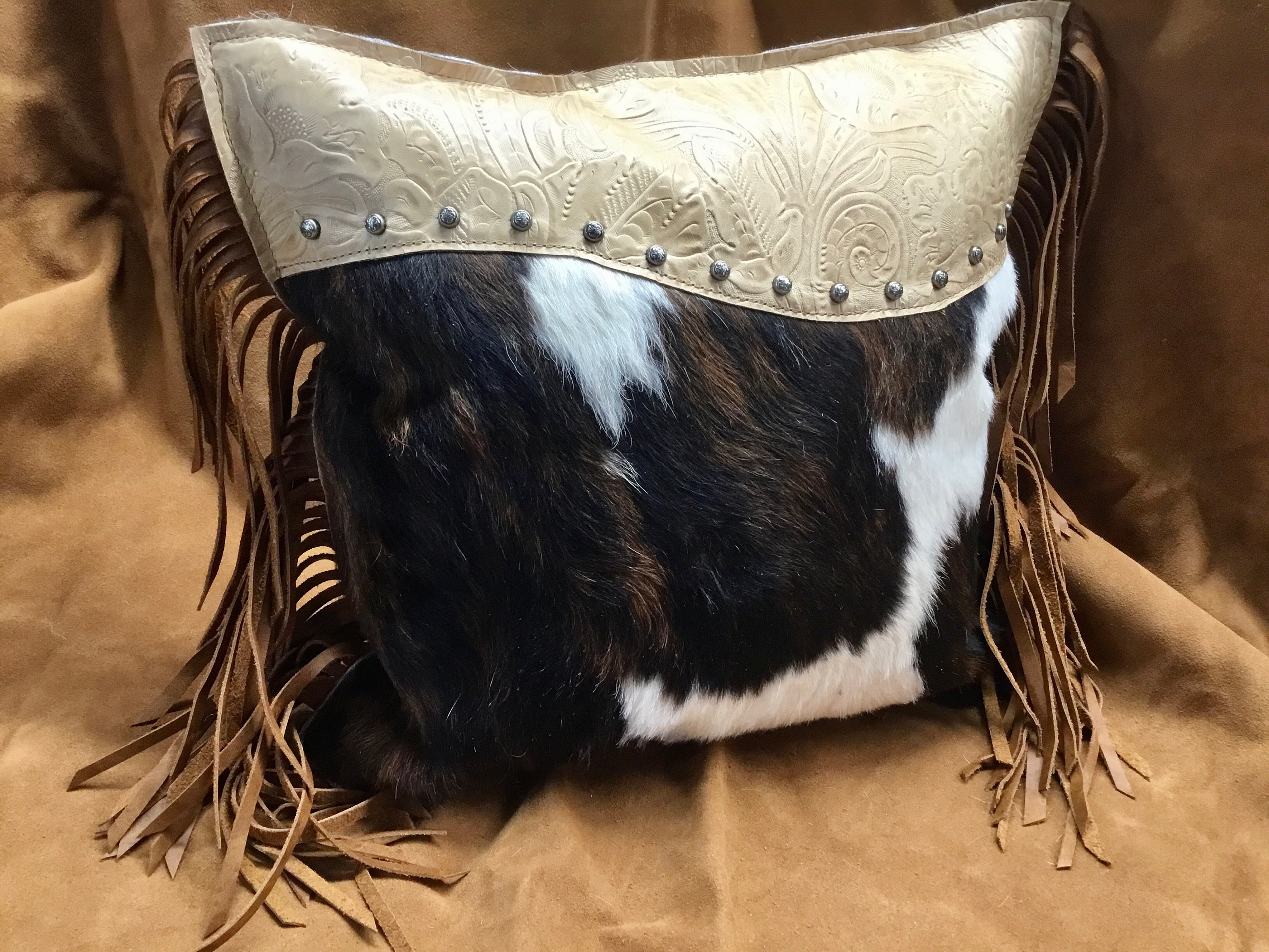 Handcrafted TriColored Cow Hide and Floral Leather Fringed Pillow