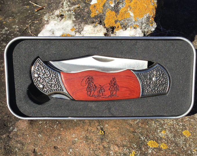 Laser Engraved Team Roper Rosewood Pocket Knife