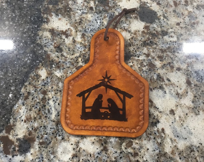 Handcrafted Laser Engraved Nativity Leather Ear Tag Christmas Ornament/Mirror Hanger