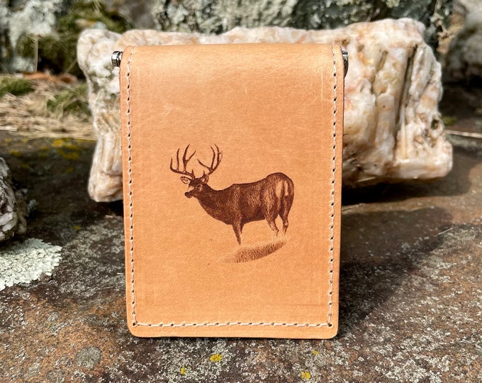 Handcrafted Laser Engraved Deer All Leather Money Clip Wallet