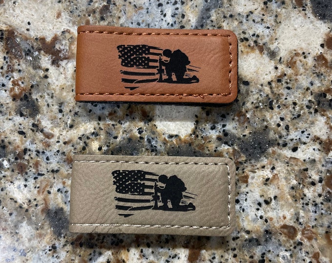 Laser Engraved Soldier with American Flag Background Magnetic Money Clip