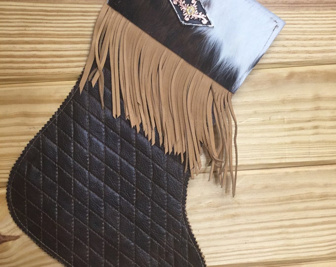 Handcrafted Harlequin Stitched Leather and Cowhide Leather Christmas Stocking with Fringe