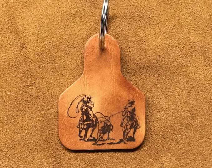 Handcrafted Laser Engraved Team Roper Leather Ear Tag Keychain
