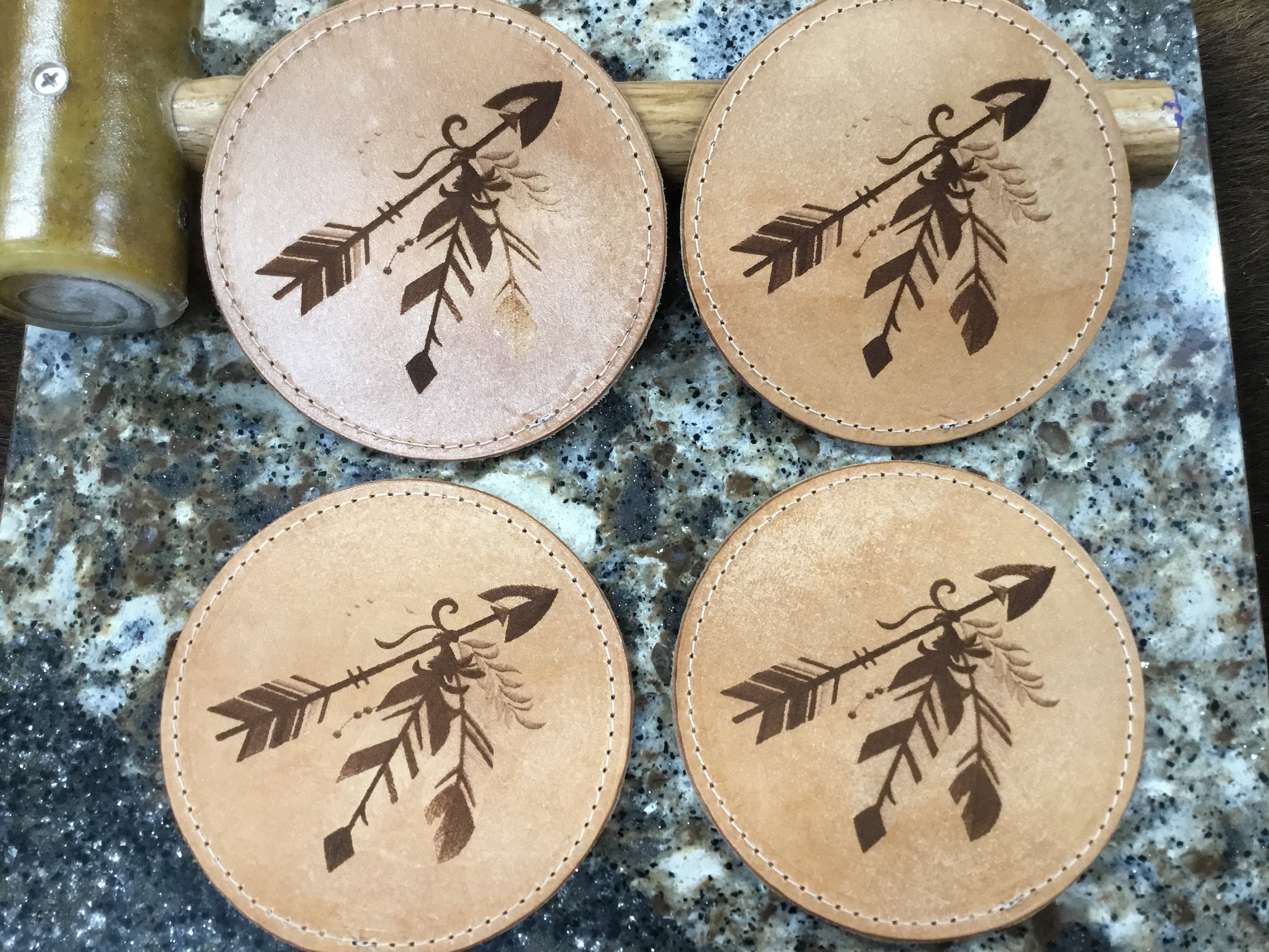 Handcrafted Laser Engraved Arrow and Feathers Top Grain Leather Coaster Set
