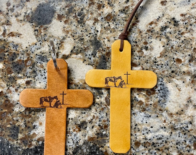 Laser Engraved Praying Cowboy Saddle Cross/Mirror Hanger/keychain