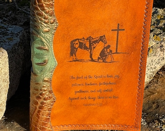 Handcrafted Laser Engraved Praying Cowboy Leather Bible Cover with Turquoise and Chocolate Embossed Alligator Bind