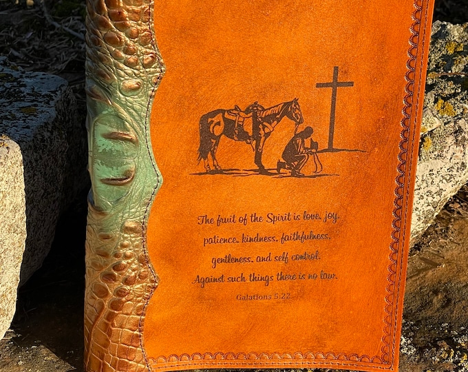 Handcrafted Laser Engraved Praying Cowboy Leather Bible Cover with Turquoise and Copper Embossed Alligator Bind