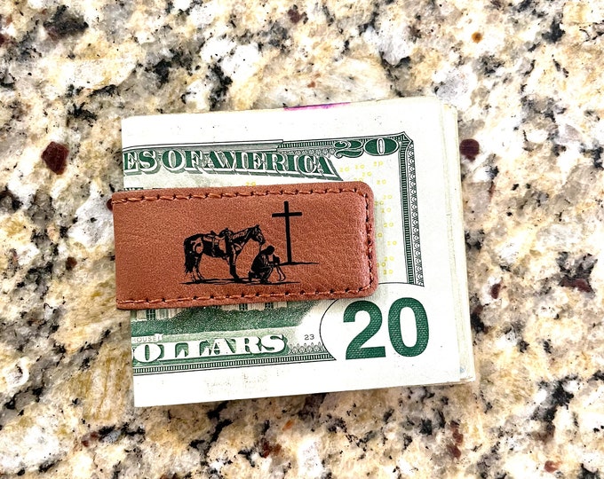 Laser Engraved Praying Cowboy Magnetic Money Clip