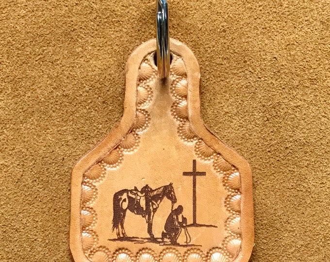 Handcrafted Laser Engraved Detail Praying Cowboy Leather Keychain with Hand Tooled Edges