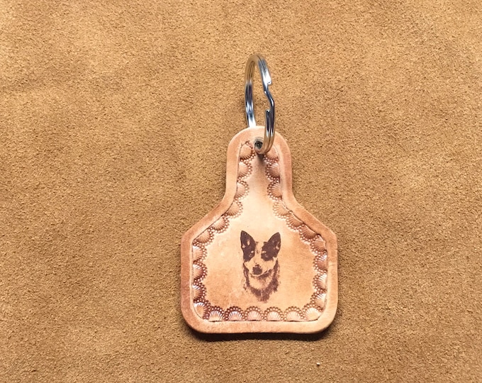 Handcrafted Laser Engraved Blue Heeler Leather Ear Tag Keychain