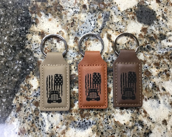 Laser Engraved American Flag and Big Rig Keychain