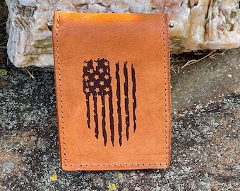 Handcrafted Laser Engraved American Flag All Leather Money Clip Wallet