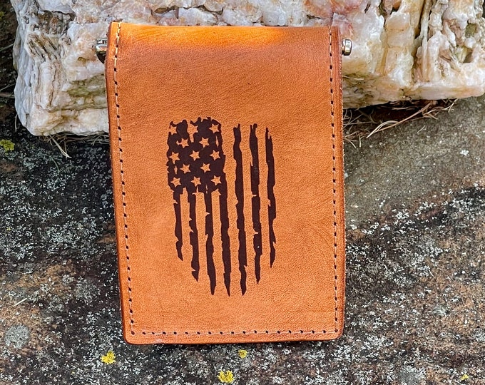 Handcrafted Laser Engraved American Flag All Leather Money Clip Wallet