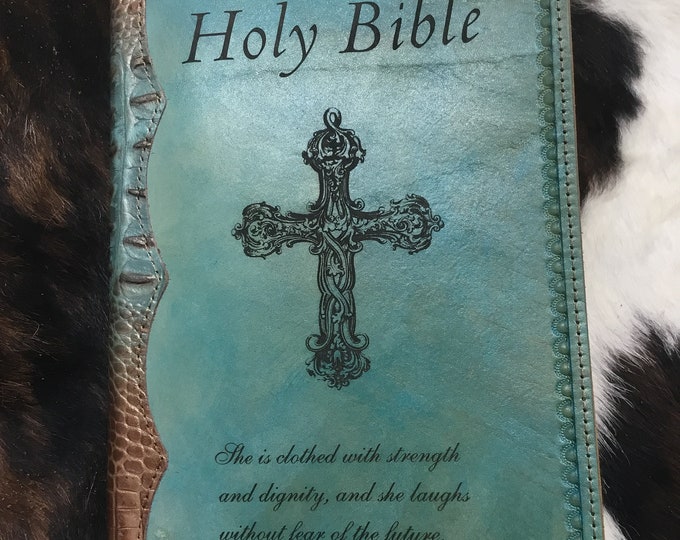 Handcrafted Antique Turquoise Water Stain and Croc Embossed Leather Bible Cover