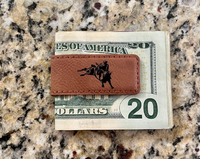 Laser Engraved Bull Rider Magnetic Money Clip
