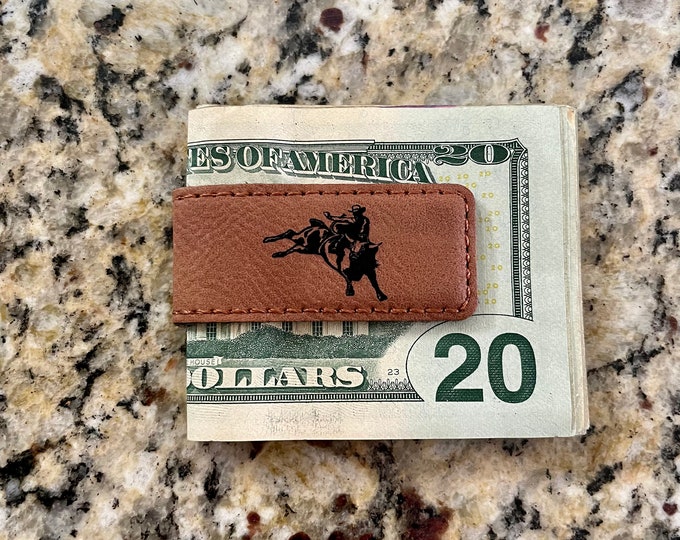 Laser Engraved Bull Rider Magnetic Money Clip