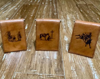 Handcrafted All Leather Laser Engraved Cowboy Money Clip wallets