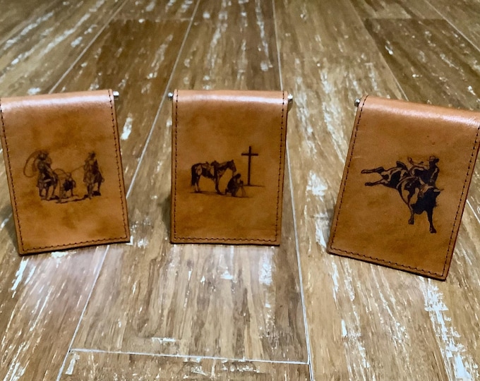 Handcrafted All Leather Laser Engraved Cowboy Money Clip wallets