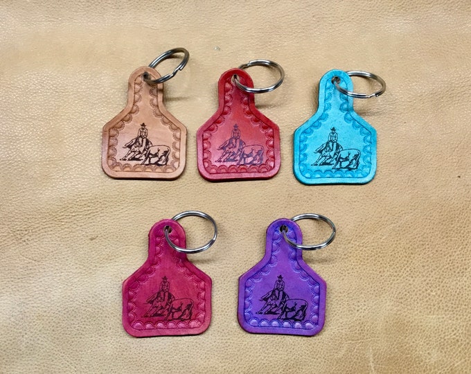 Handcrafted Laser Engraved Cutter Leather Ear Tag Keychain with Hand tooled Edges