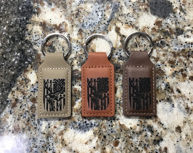 Laser Engraved American Flag, Buck, Duck and Fish Keychain