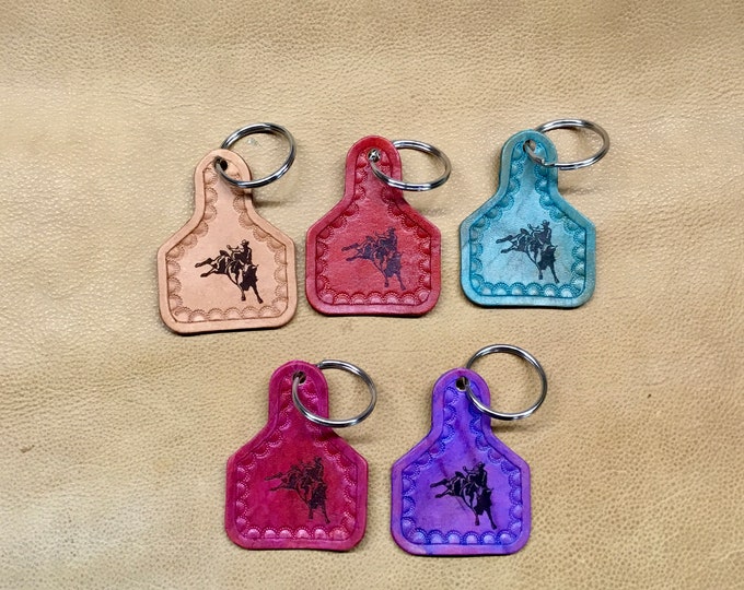 Handcrafted Laser Engraved Bull Rider Leather Keychain with Hand Tooled Edges