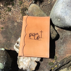 Handcrafted  Leather Bible Cover Laser Engraved with a Praying Cowboy