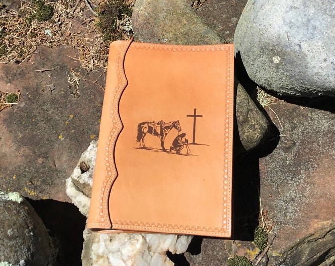 Handcrafted  Leather Bible Cover Laser Engraved with a Praying Cowboy