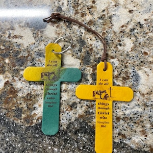 Laser Engraved Praying Cowboy Saddle/Mirror Cross with Philippians 4:13