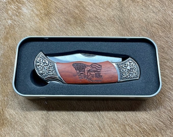 Laser Engraved Rosewood Pocket Knife