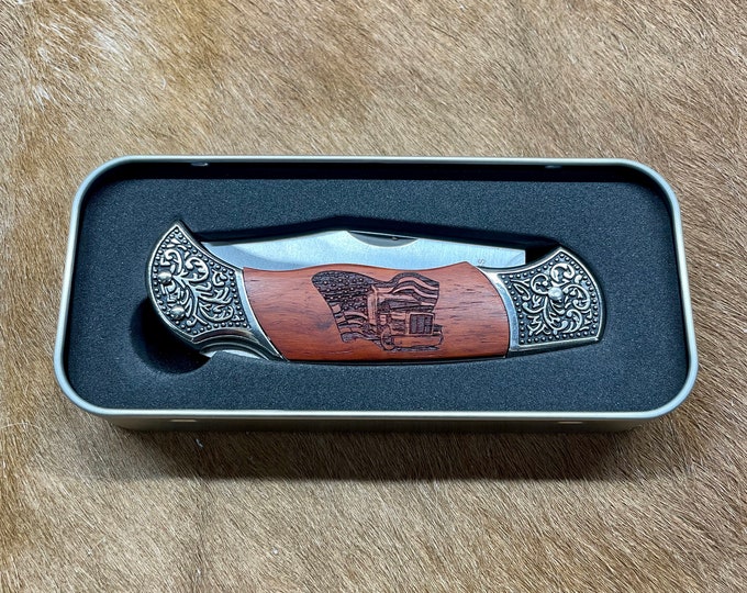 Laser Engraved Rosewood Pocket Knife