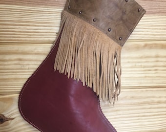 Handcrafted Red Leather Christmas Stocking with Fringe