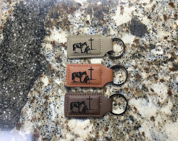 Leather Laser Engraved Praying Cowboy Keychain