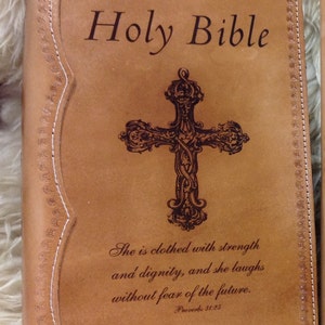 Handcrafted Full Leather Bible Cover Laser Engraved with Proverbs 31:25
