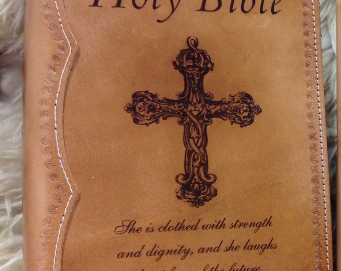Handcrafted Full Leather Bible Cover Laser Engraved with Proverbs 31:25