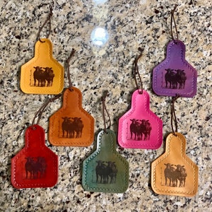 Handcrafted Laser Engraved Steers at the Fence EarTag Christmas Ornament/Mirror Hanger