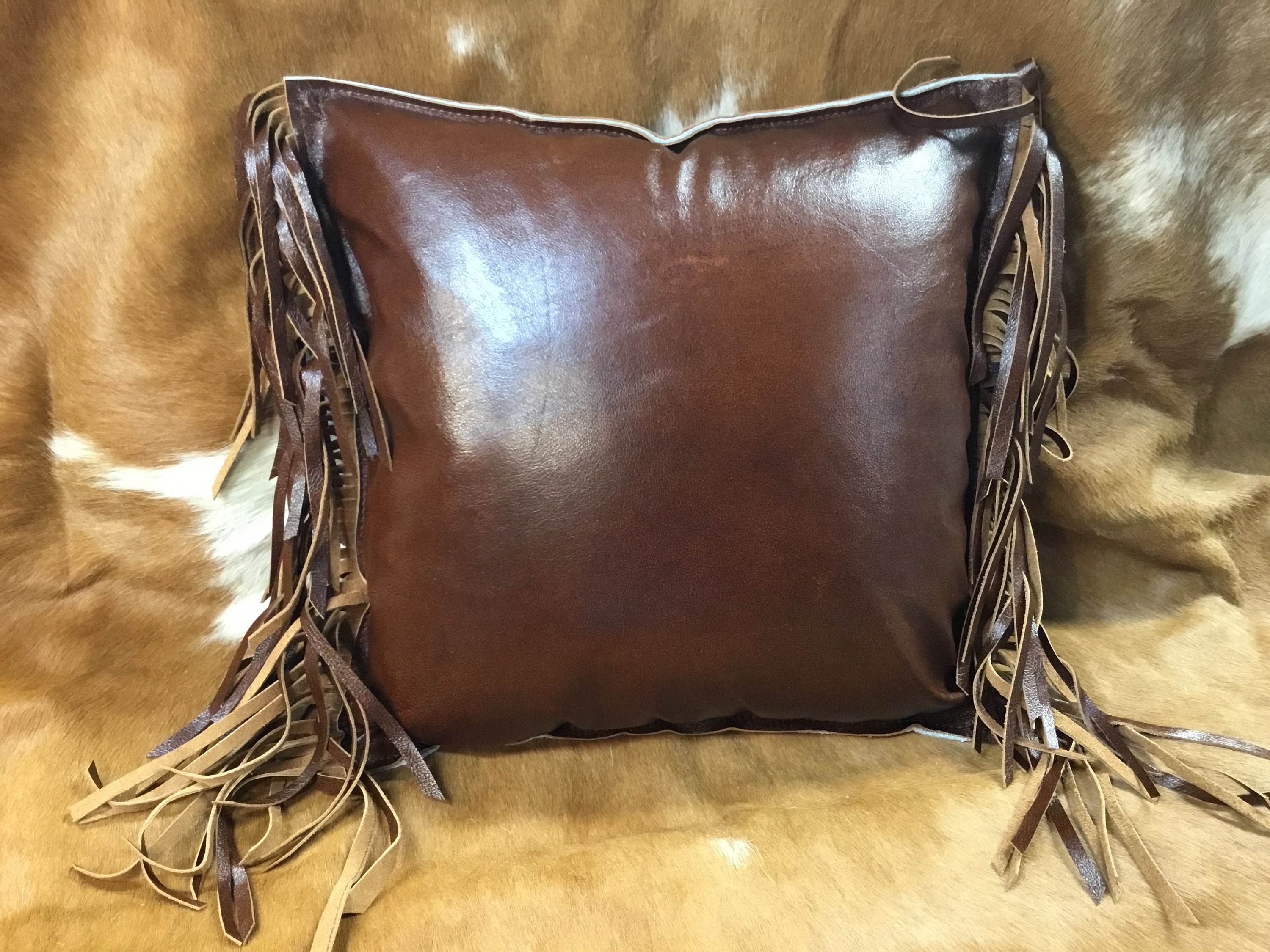 Handcrafted Cow Hide and Leather Fringed Pillow