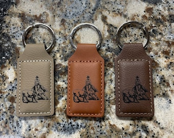Laser Engraved Cowboy Cutting Horse Leather Keychain