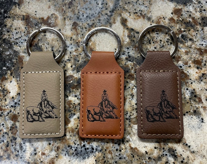 Laser Engraved Cowboy Cutting Horse Leather Keychain