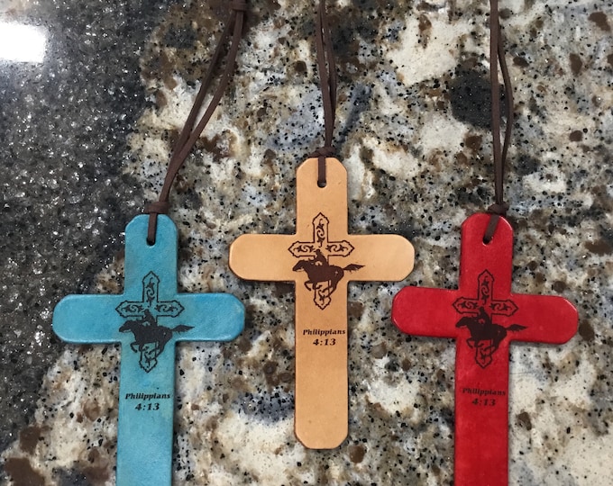 Laser Engraved Cross and Rider Leather Saddle Mirror Cross