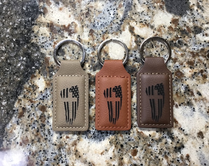 Laser Engraved American Flag and Cross Keychain