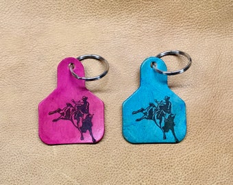 Laser Engraved Bull Rider Leather Ear Tag Keychain