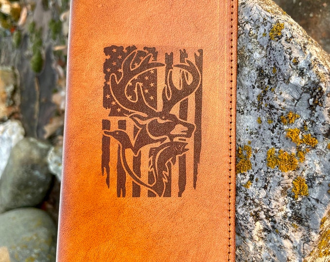 Handcrafted Laser Engraved American Flag, Buck,Duck and Fish All Leather Wallet/ Checkbook Cover